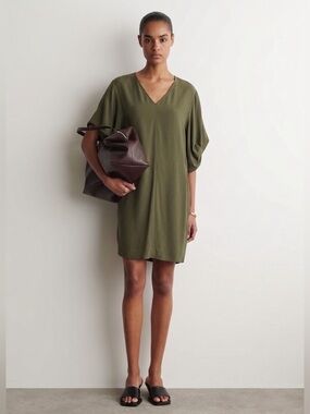 COS Women’s Draped Sleeve V-Neck Tunic Mini Dress - Khaki Green, Sz 4